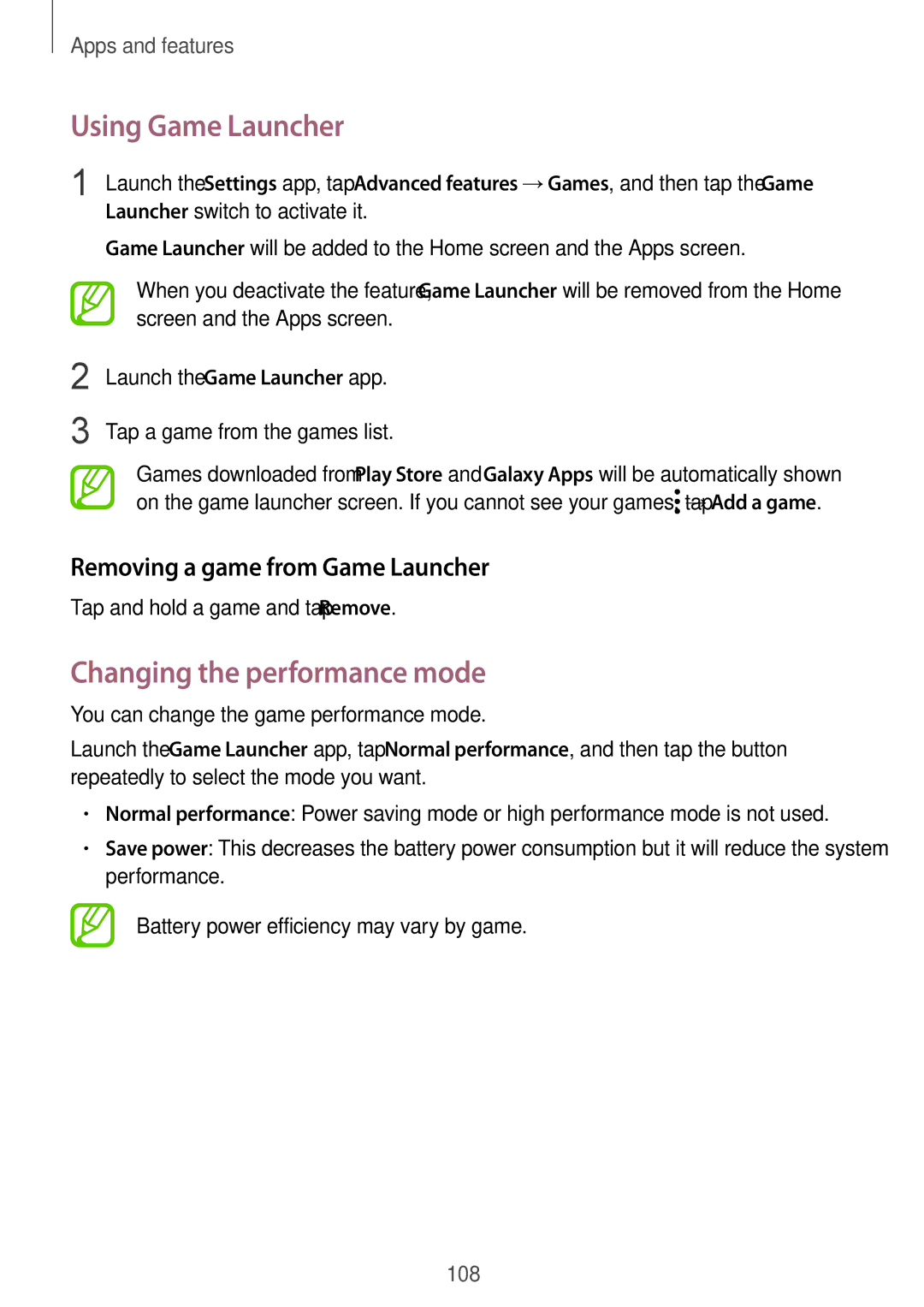 Samsung SM-J720FZKDKSA manual Using Game Launcher, Changing the performance mode, Removing a game from Game Launcher 