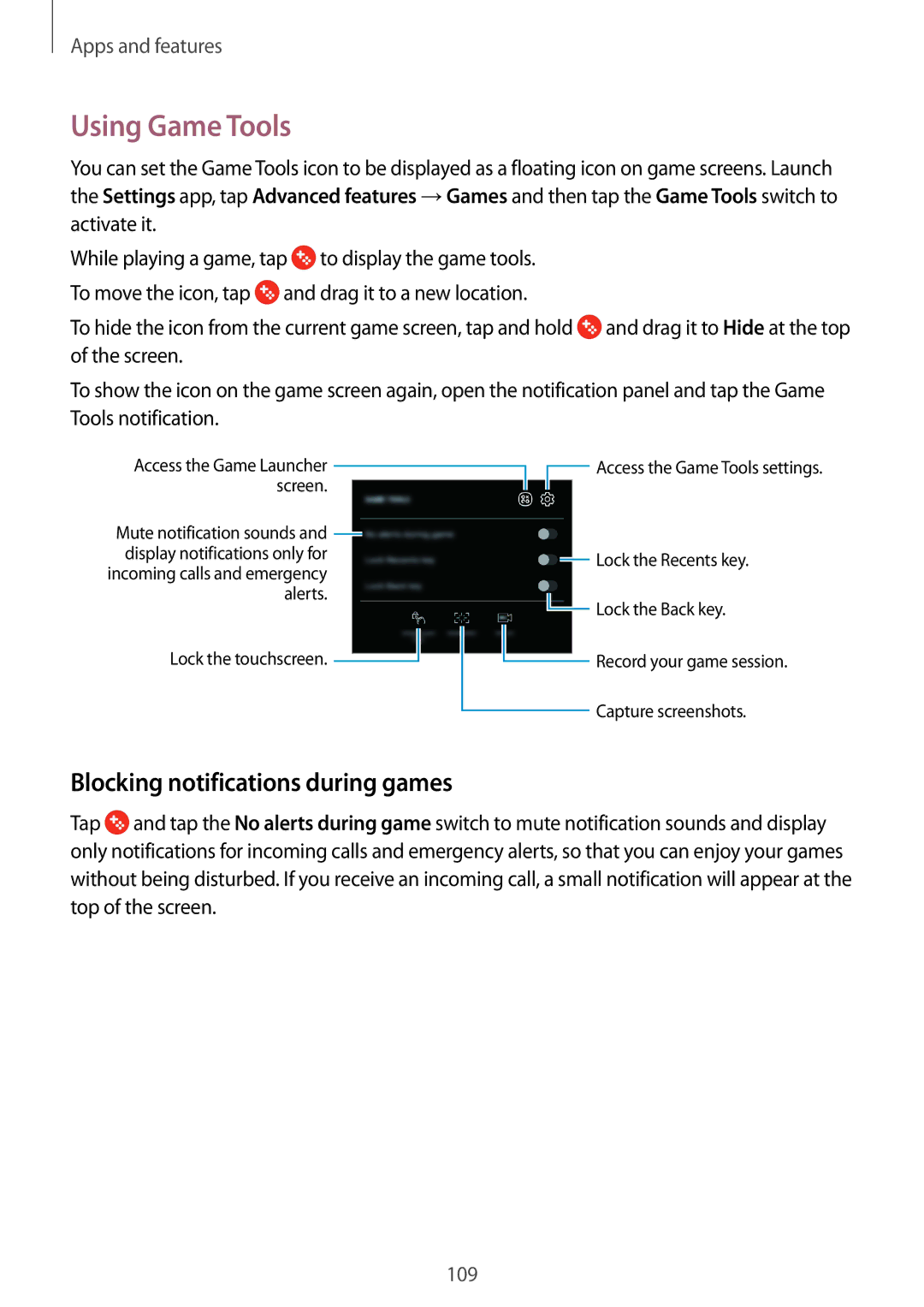 Samsung SM-J720FZDDKSA, SM-J720FZKDKSA, SM-J720FZVDKSA manual Using Game Tools, Blocking notifications during games 