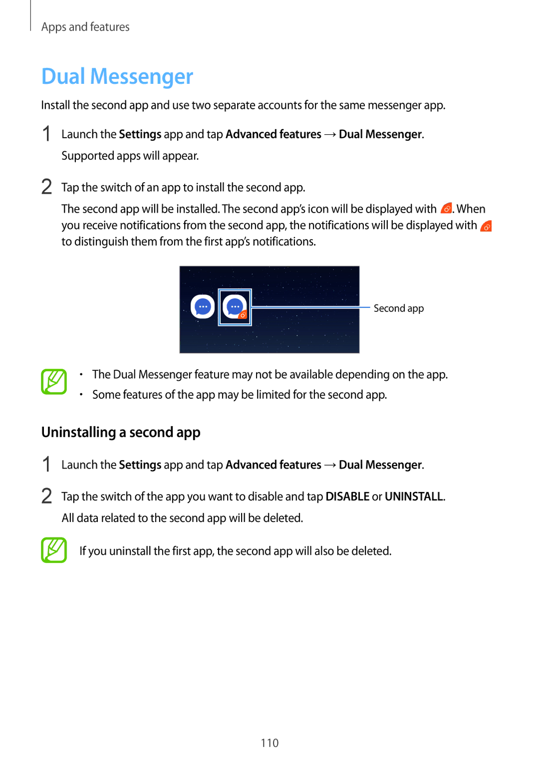 Samsung SM-J720FZVDKSA, SM-J720FZKDKSA, SM-J720FZDDKSA manual Dual Messenger, Uninstalling a second app 