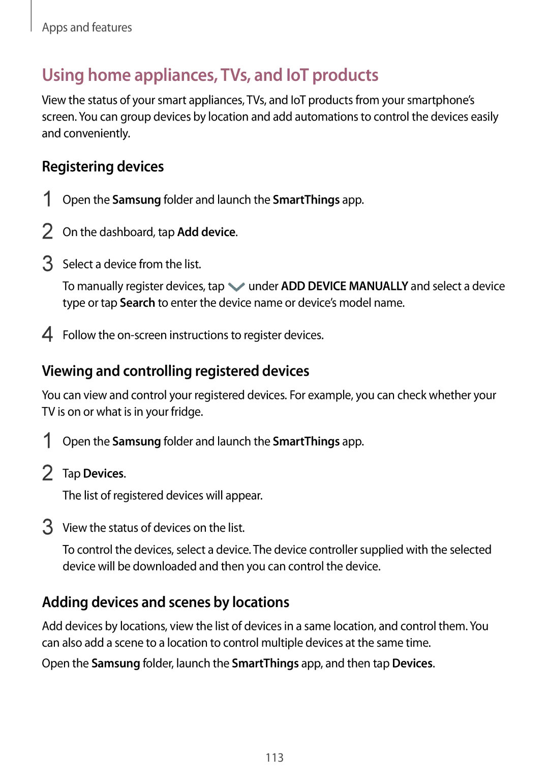 Samsung SM-J720FZVDKSA, SM-J720FZKDKSA manual Using home appliances, TVs, and IoT products, Registering devices, Tap Devices 