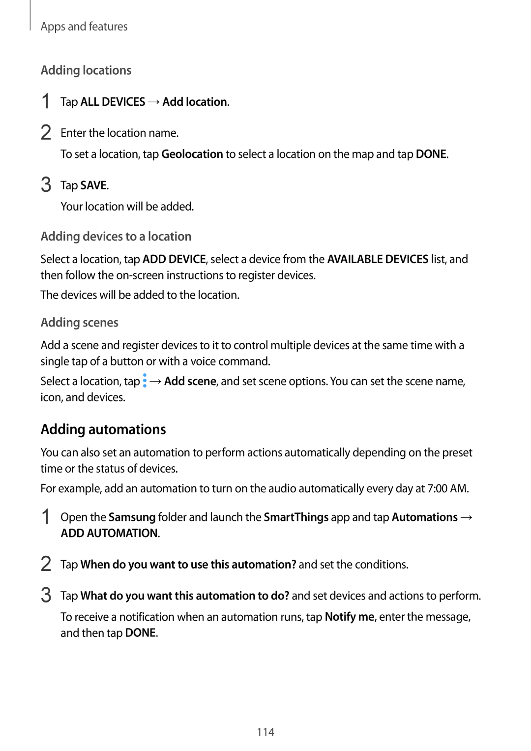 Samsung SM-J720FZKDKSA, SM-J720FZDDKSA Adding automations, Adding locations, Adding devices to a location, Adding scenes 