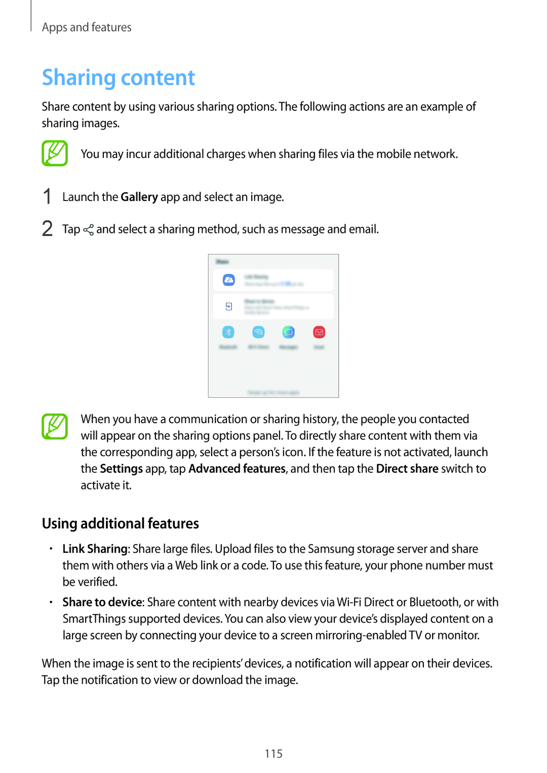 Samsung SM-J720FZDDKSA, SM-J720FZKDKSA, SM-J720FZVDKSA manual Sharing content, Using additional features 