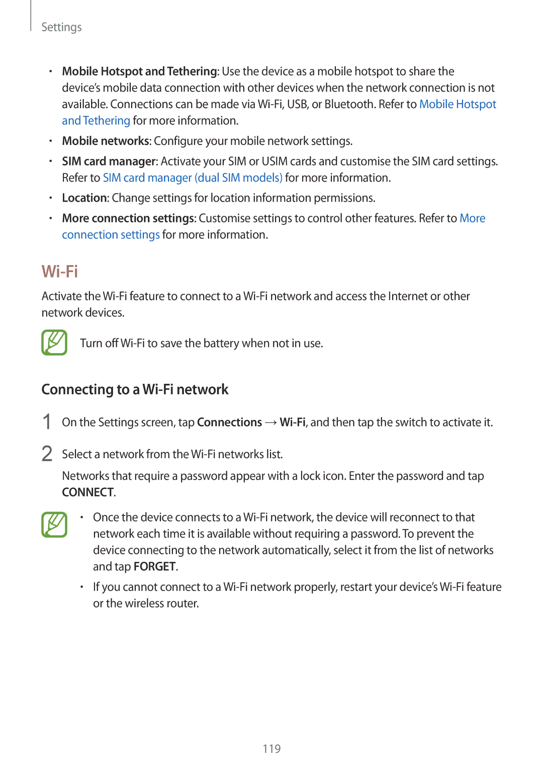 Samsung SM-J720FZVDKSA manual Connecting to a Wi-Fi network, Mobile networks Configure your mobile network settings 