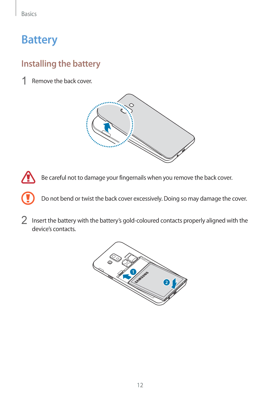 Samsung SM-J720FZKDKSA, SM-J720FZDDKSA, SM-J720FZVDKSA manual Battery, Installing the battery 