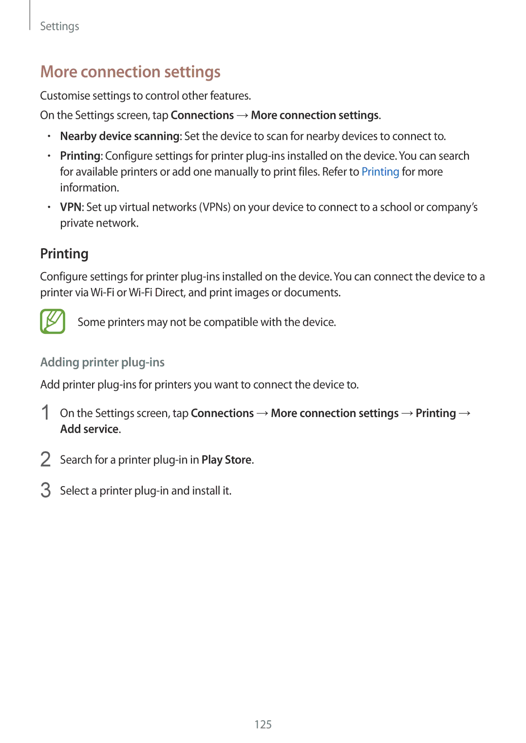 Samsung SM-J720FZVDKSA, SM-J720FZKDKSA, SM-J720FZDDKSA manual More connection settings, Printing, Adding printer plug-ins 