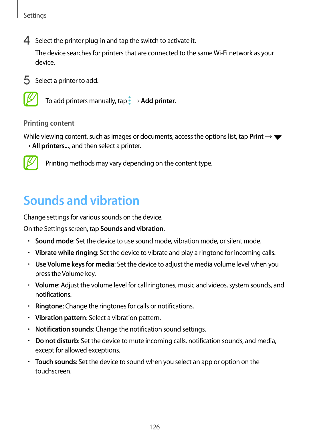 Samsung SM-J720FZKDKSA, SM-J720FZDDKSA manual Sounds and vibration, Printing content, Device, Select a printer to add 