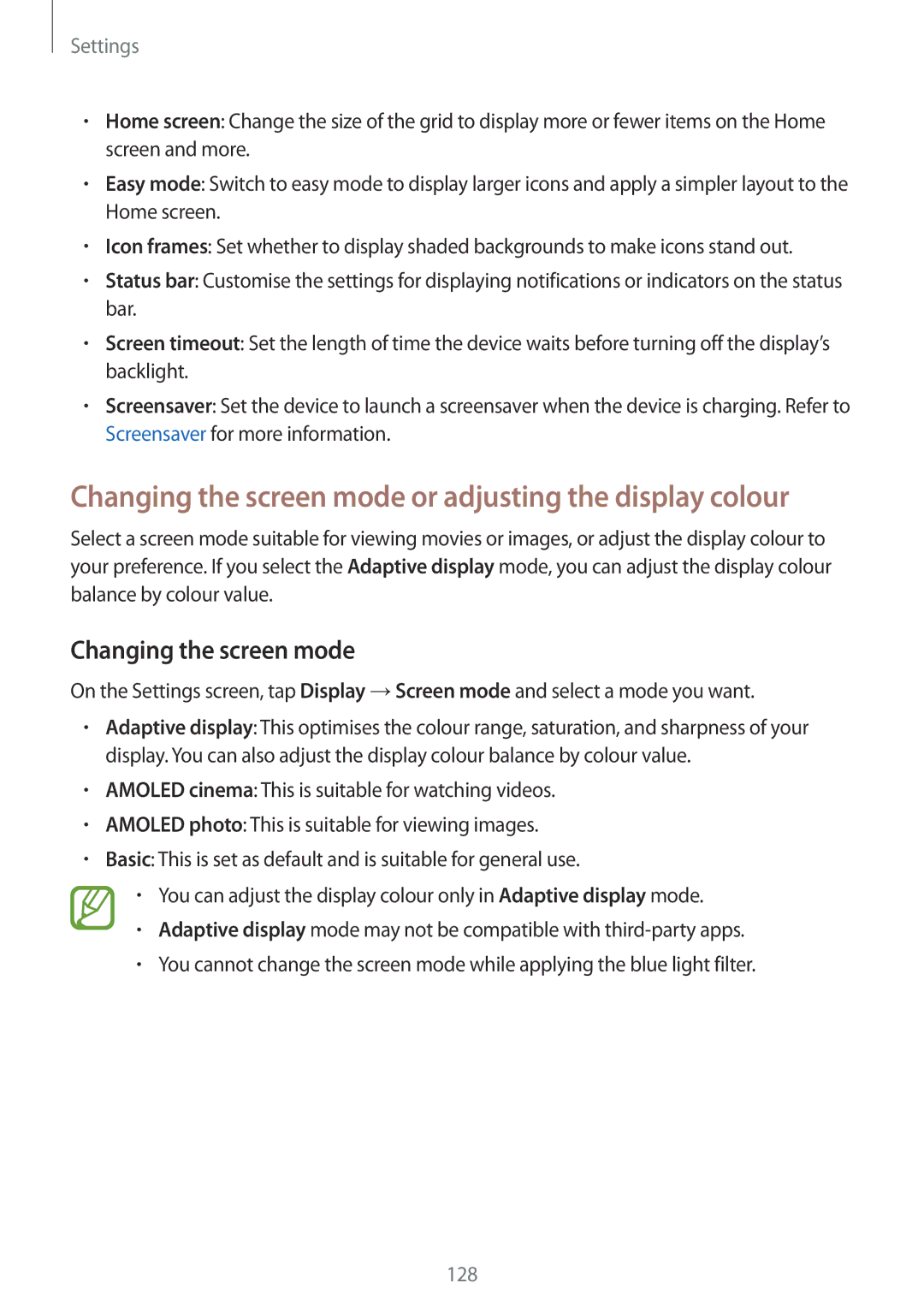 Samsung SM-J720FZVDKSA, SM-J720FZKDKSA, SM-J720FZDDKSA manual Changing the screen mode or adjusting the display colour 