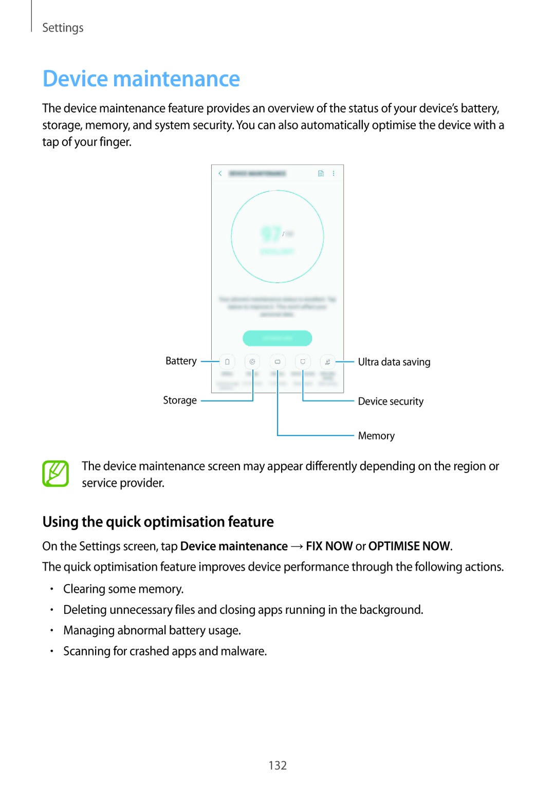 Samsung SM-J720FZKDKSA, SM-J720FZDDKSA, SM-J720FZVDKSA manual Device maintenance, Using the quick optimisation feature 