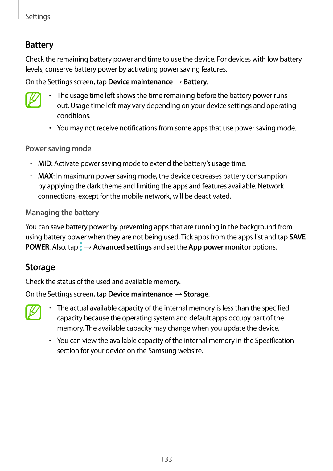 Samsung SM-J720FZDDKSA, SM-J720FZKDKSA, SM-J720FZVDKSA manual Battery, Storage, Power saving mode, Managing the battery 