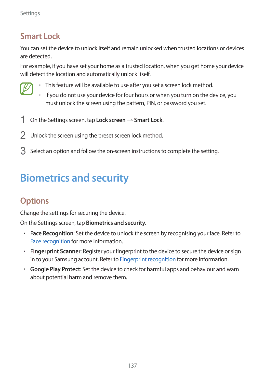 Samsung SM-J720FZVDKSA, SM-J720FZKDKSA, SM-J720FZDDKSA manual Biometrics and security, Smart Lock 