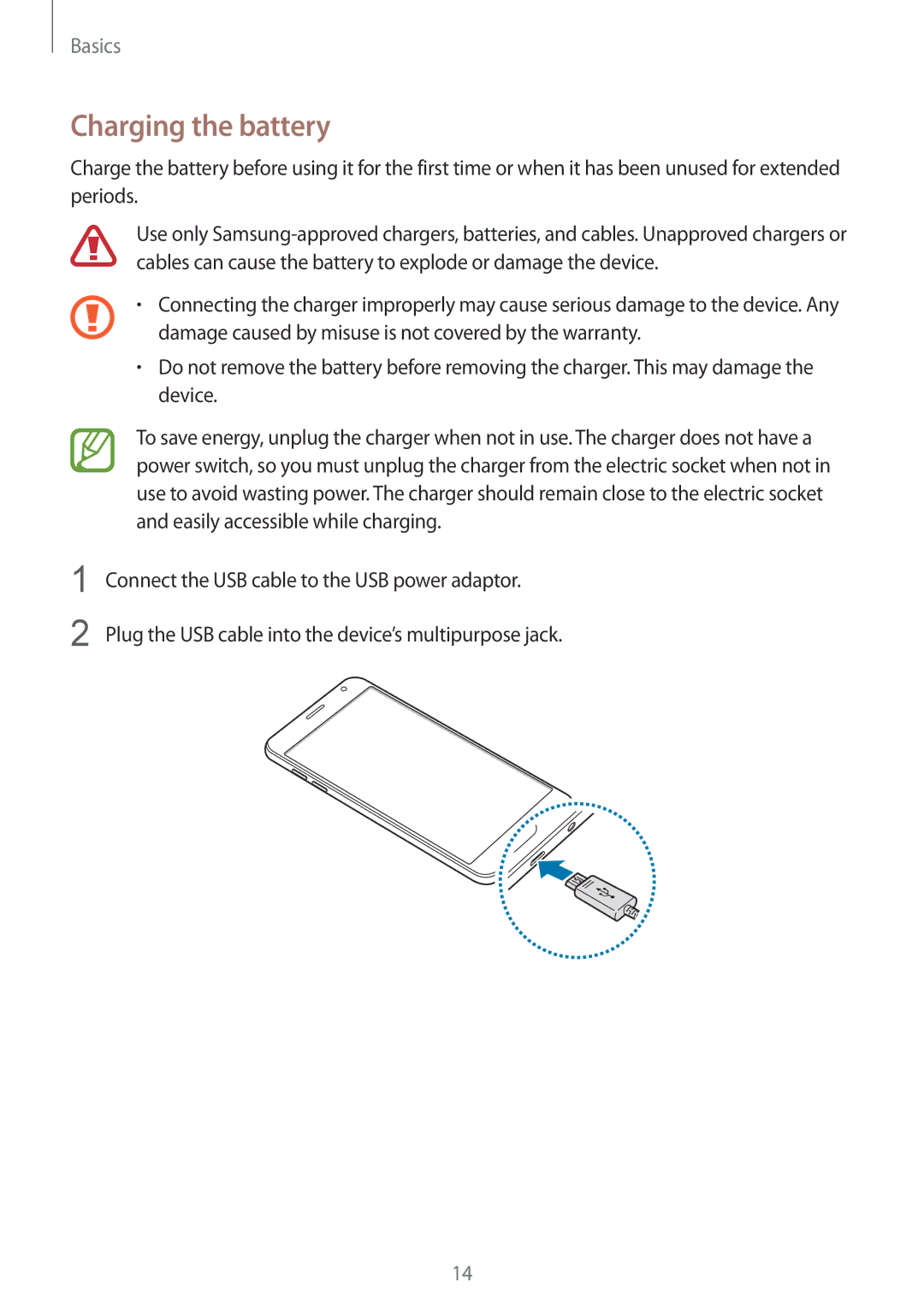 Samsung SM-J720FZVDKSA, SM-J720FZKDKSA, SM-J720FZDDKSA manual Charging the battery 