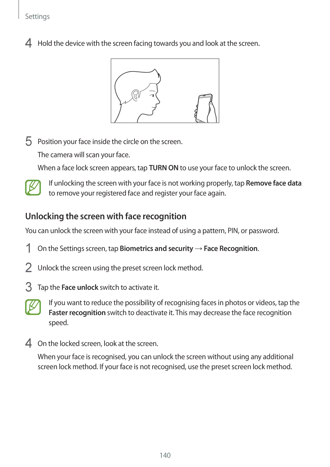 Samsung SM-J720FZVDKSA, SM-J720FZKDKSA, SM-J720FZDDKSA manual Unlocking the screen with face recognition 
