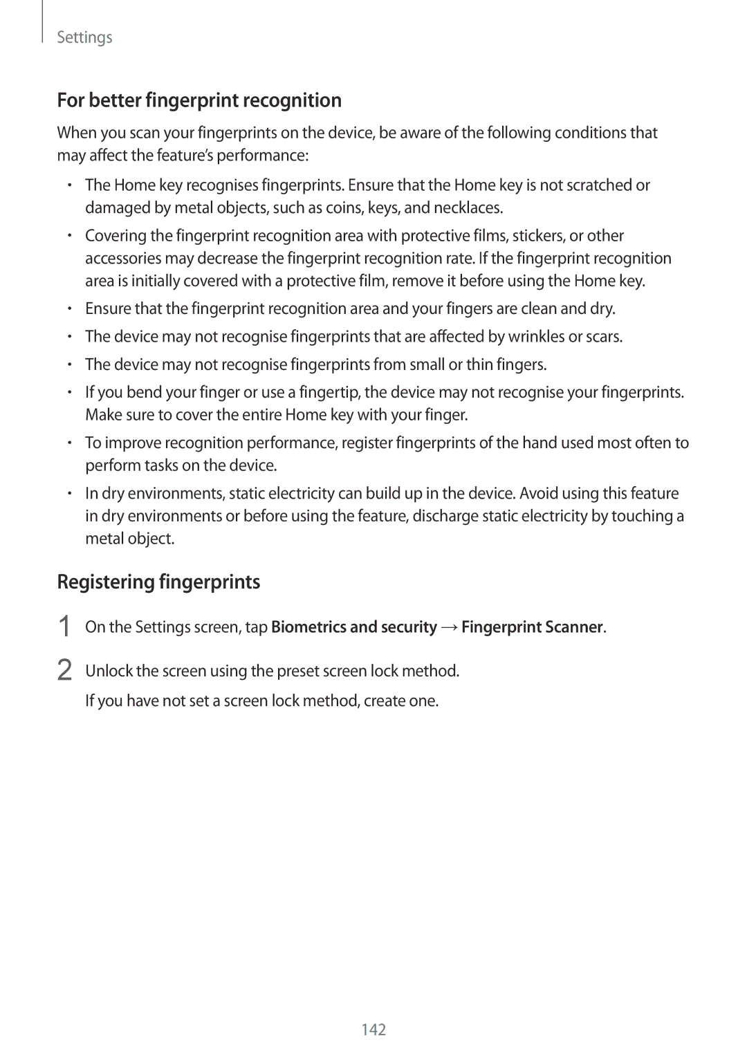 Samsung SM-J720FZDDKSA, SM-J720FZKDKSA, SM-J720FZVDKSA manual For better fingerprint recognition, Registering fingerprints 