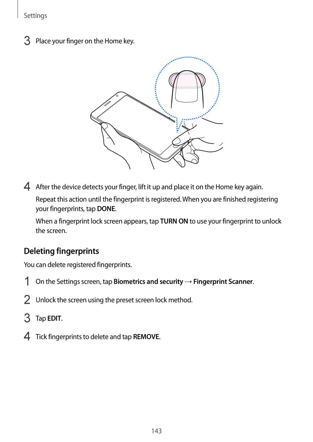 Samsung SM-J720FZVDKSA, SM-J720FZKDKSA, SM-J720FZDDKSA manual Deleting fingerprints, You can delete registered fingerprints 