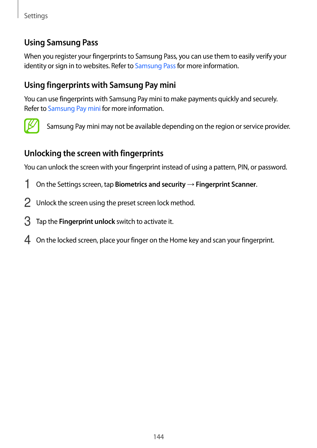 Samsung SM-J720FZKDKSA, SM-J720FZDDKSA, SM-J720FZVDKSA manual Using Samsung Pass, Using fingerprints with Samsung Pay mini 