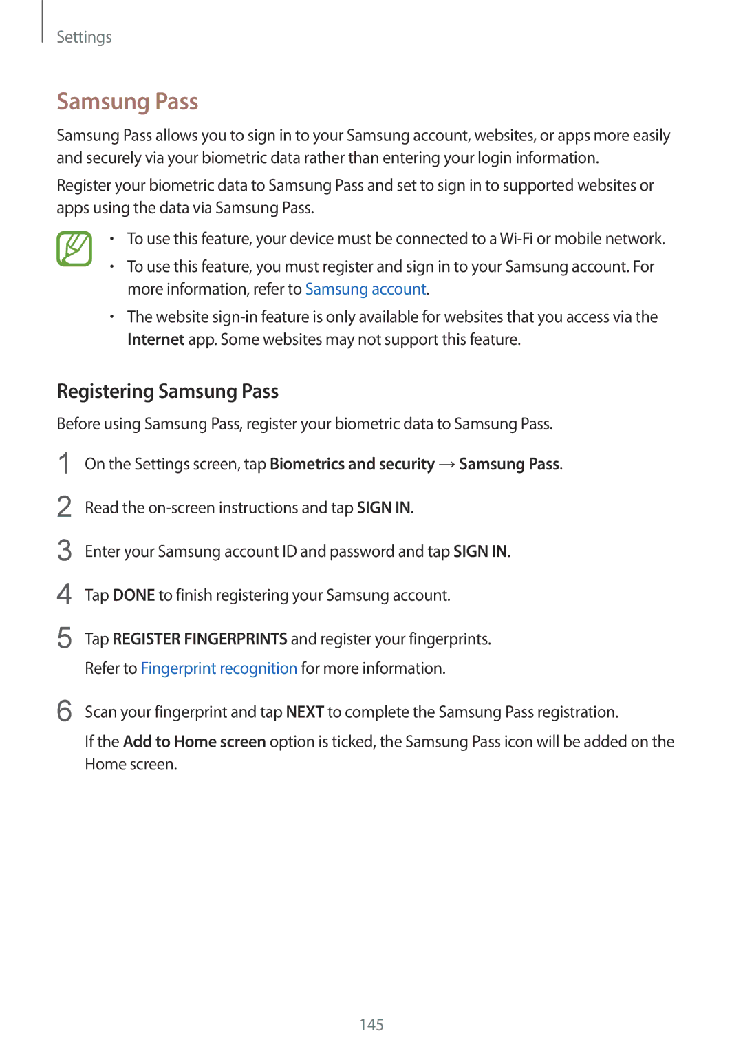 Samsung SM-J720FZDDKSA, SM-J720FZKDKSA, SM-J720FZVDKSA manual Registering Samsung Pass 