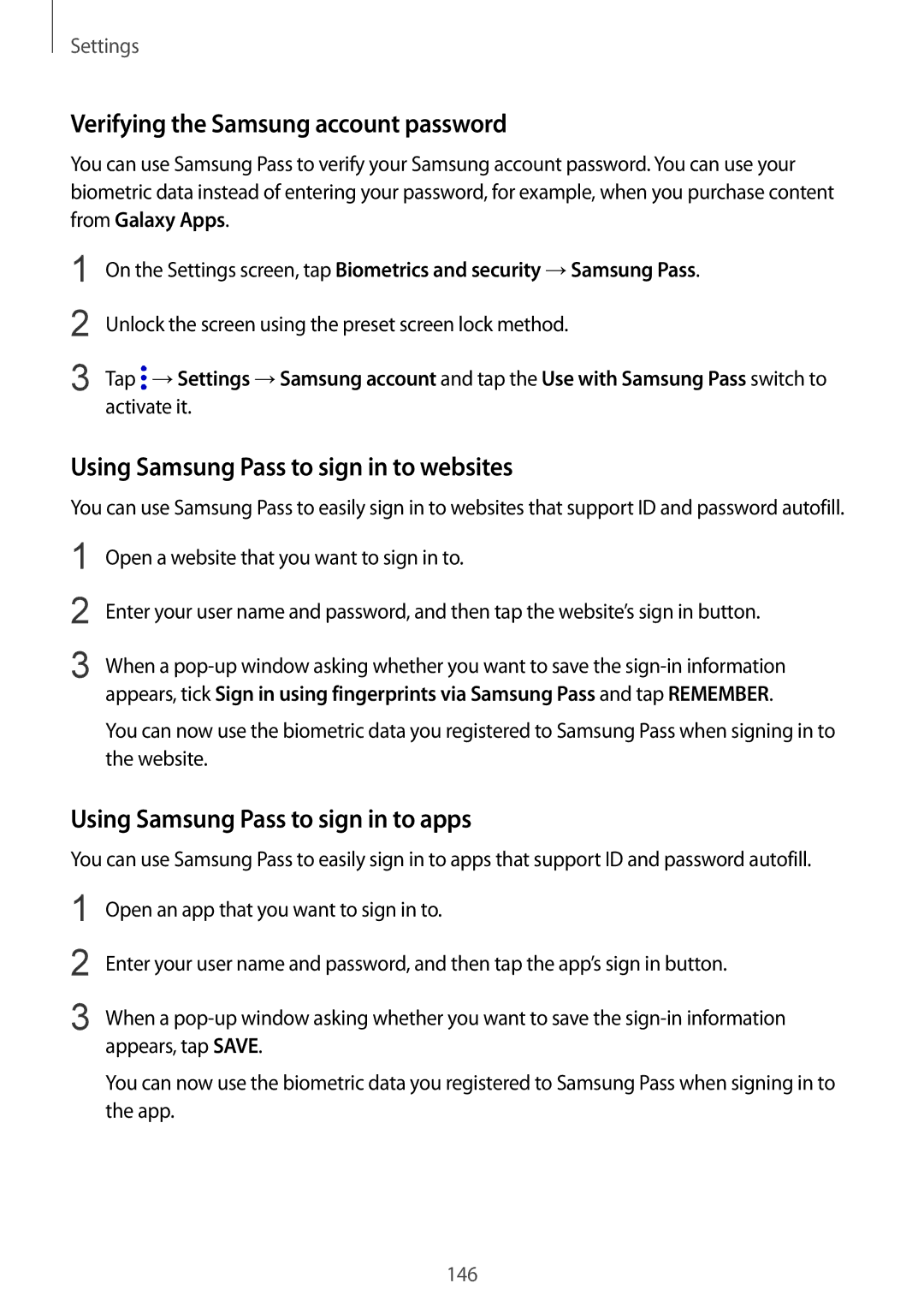 Samsung SM-J720FZVDKSA, SM-J720FZKDKSA Verifying the Samsung account password, Using Samsung Pass to sign in to websites 