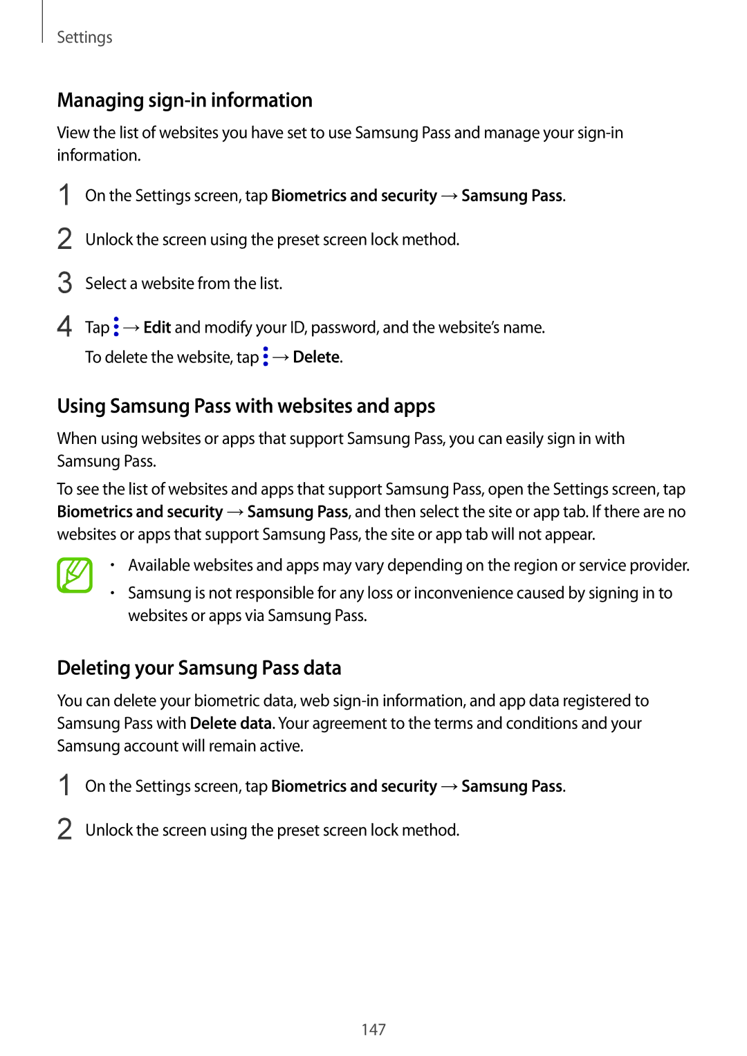 Samsung SM-J720FZKDKSA, SM-J720FZDDKSA manual Managing sign-in information, Using Samsung Pass with websites and apps 