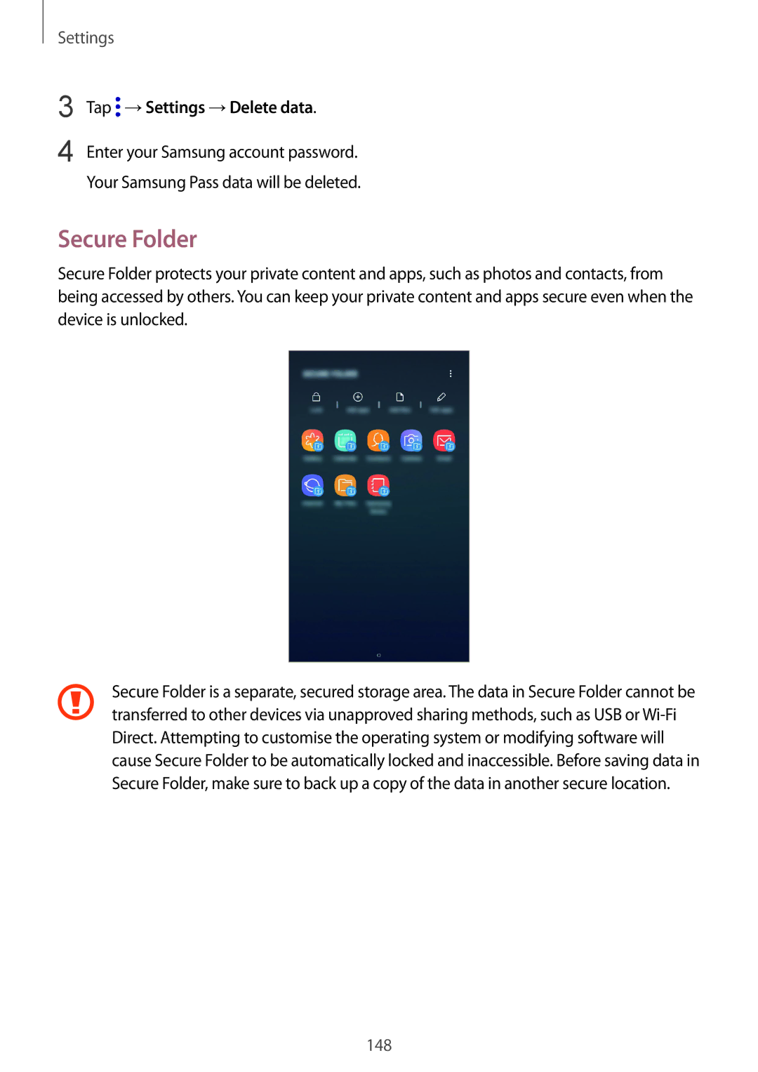 Samsung SM-J720FZDDKSA, SM-J720FZKDKSA, SM-J720FZVDKSA manual Secure Folder, Tap →Settings →Delete data 