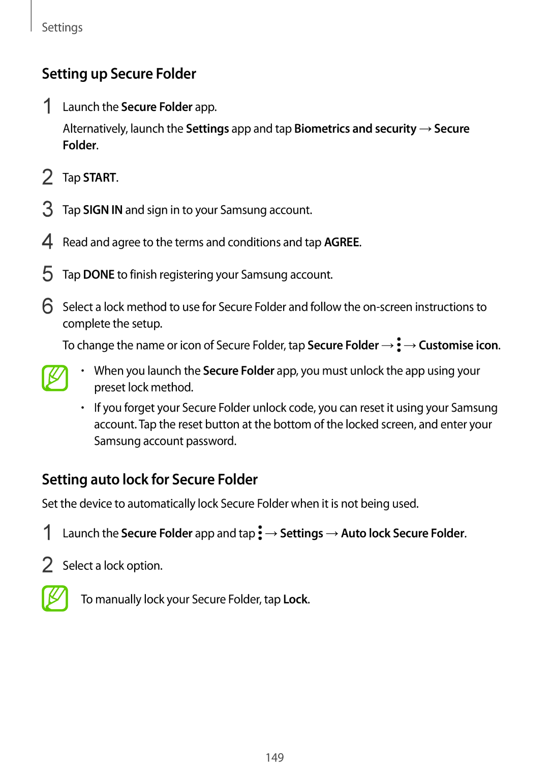 Samsung SM-J720FZVDKSA, SM-J720FZKDKSA, SM-J720FZDDKSA manual Setting up Secure Folder, Setting auto lock for Secure Folder 