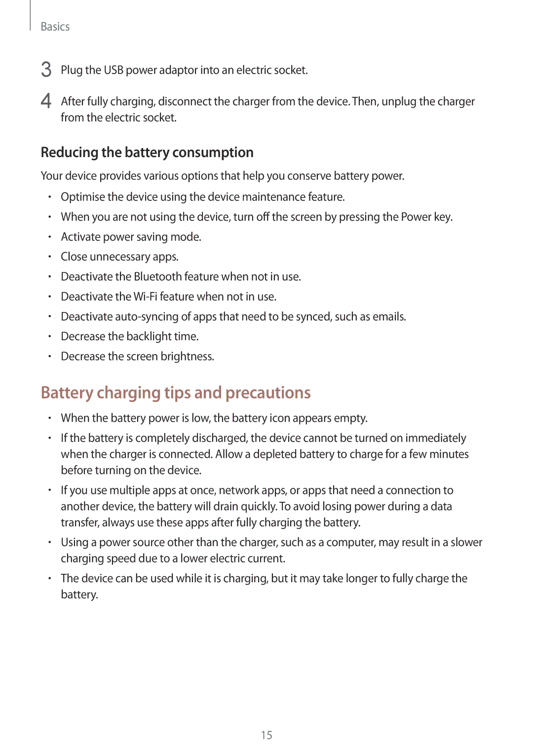 Samsung SM-J720FZKDKSA, SM-J720FZDDKSA manual Battery charging tips and precautions, Reducing the battery consumption 