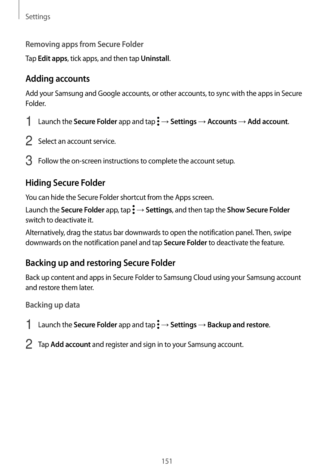 Samsung SM-J720FZDDKSA Adding accounts, Hiding Secure Folder, Backing up and restoring Secure Folder, Backing up data 