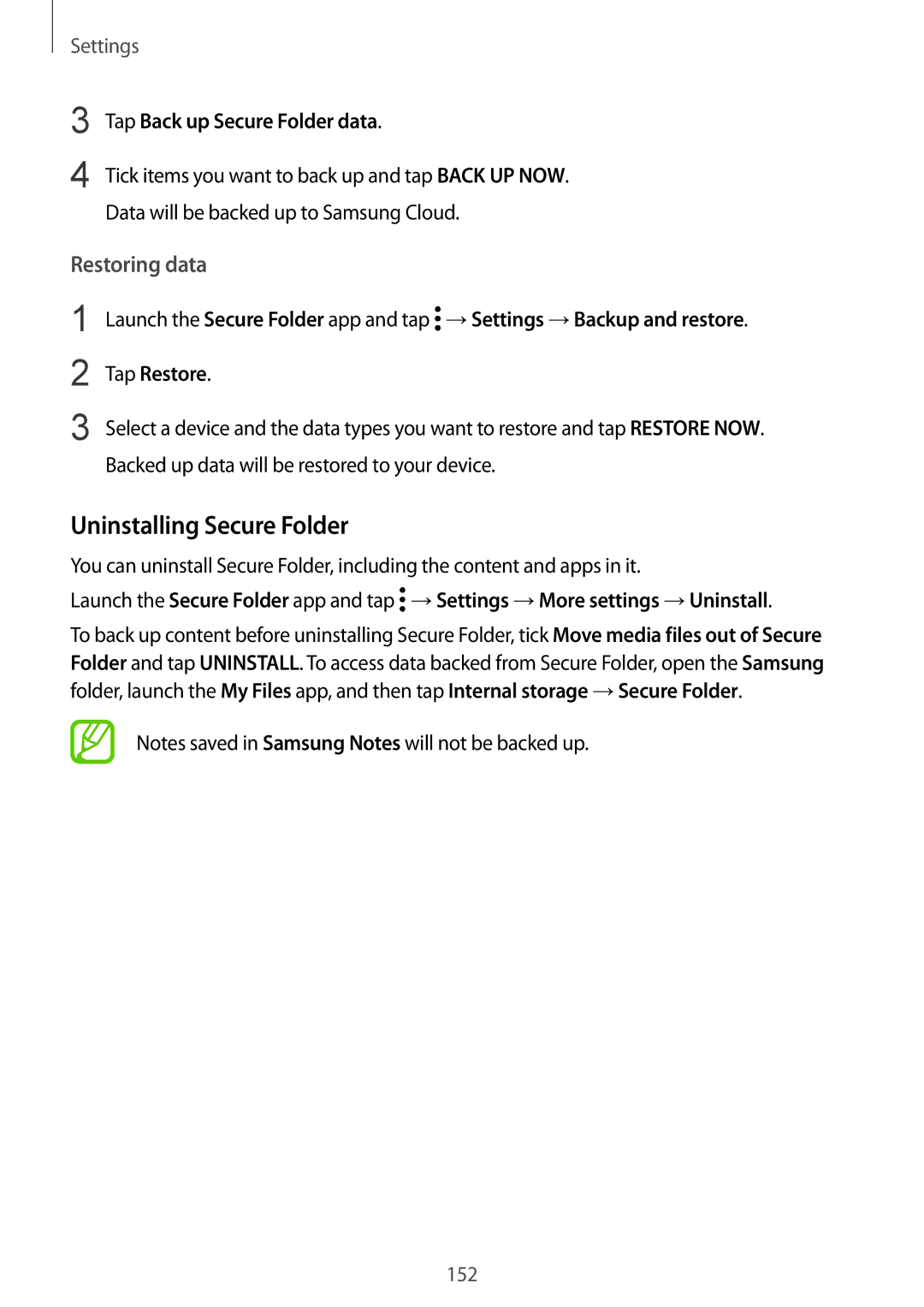 Samsung SM-J720FZVDKSA, SM-J720FZKDKSA manual Uninstalling Secure Folder, Restoring data, Tap Back up Secure Folder data 