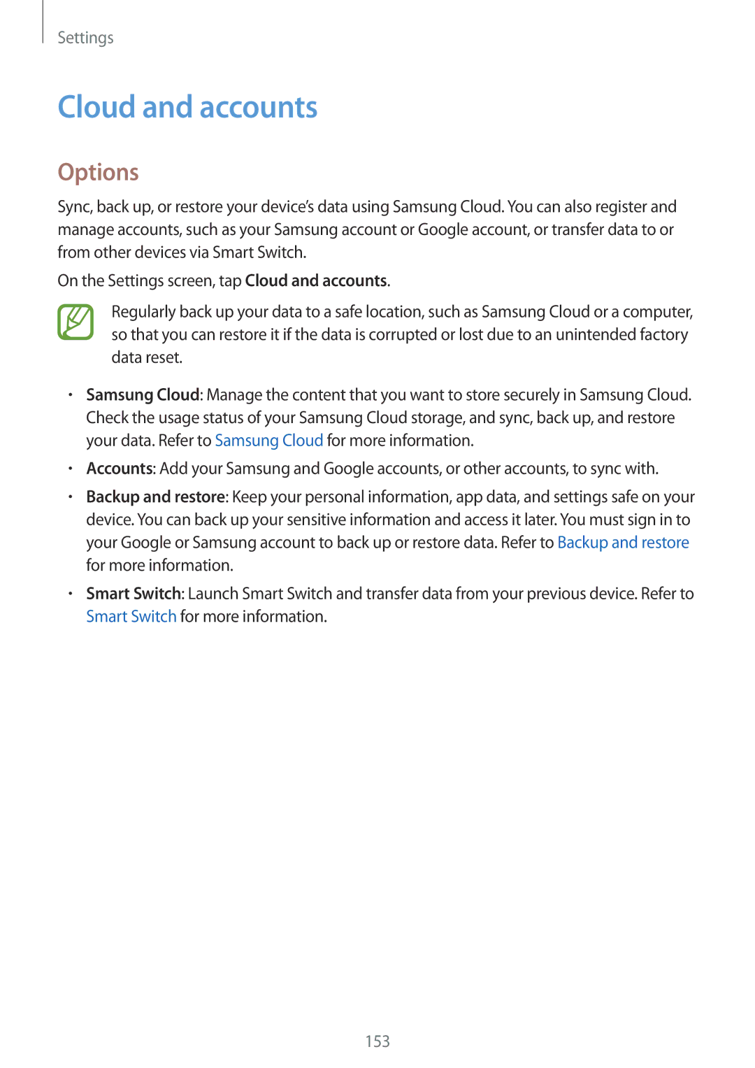 Samsung SM-J720FZKDKSA, SM-J720FZDDKSA, SM-J720FZVDKSA manual Cloud and accounts, Options 