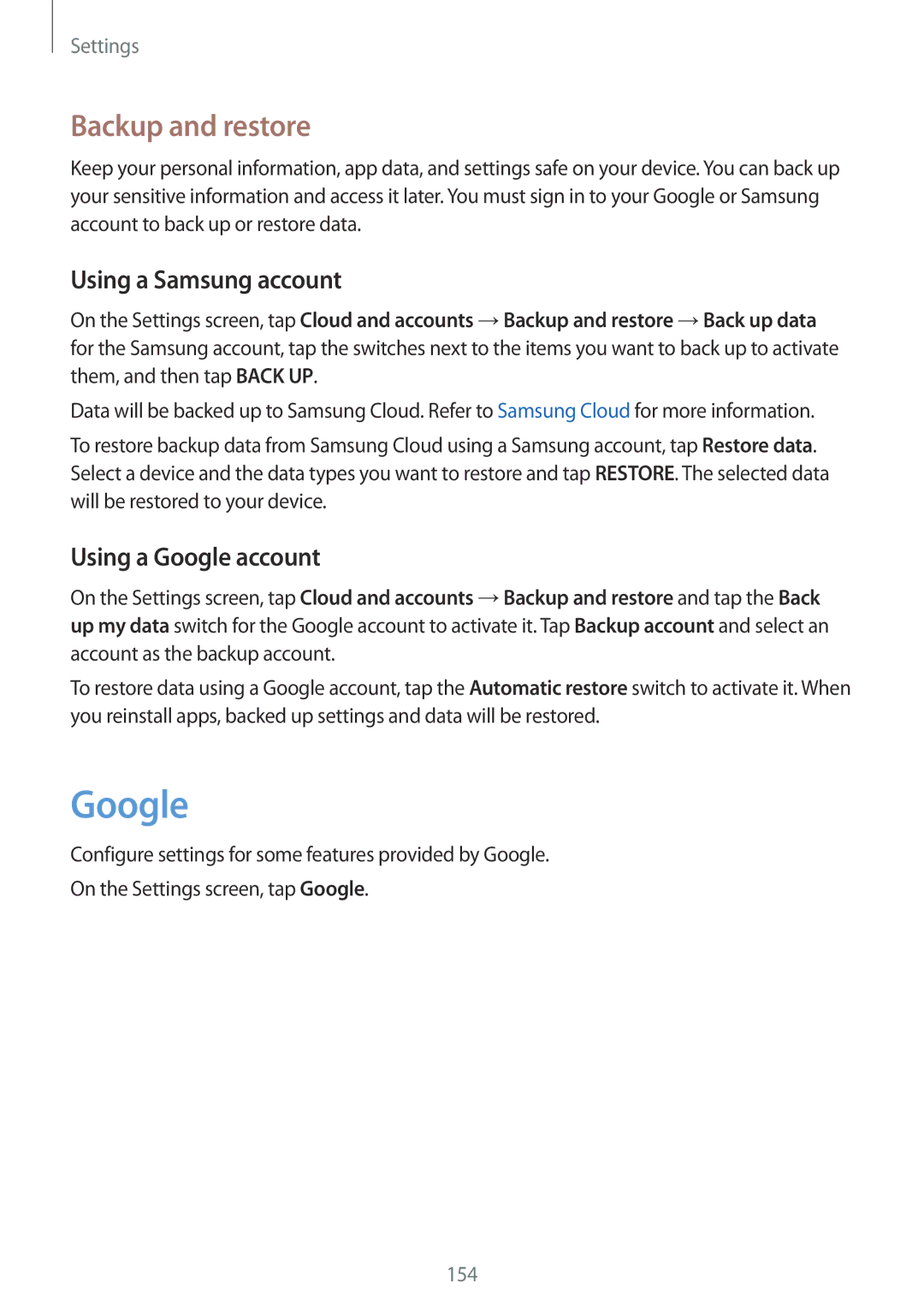 Samsung SM-J720FZDDKSA, SM-J720FZKDKSA manual Backup and restore, Using a Samsung account, Using a Google account 