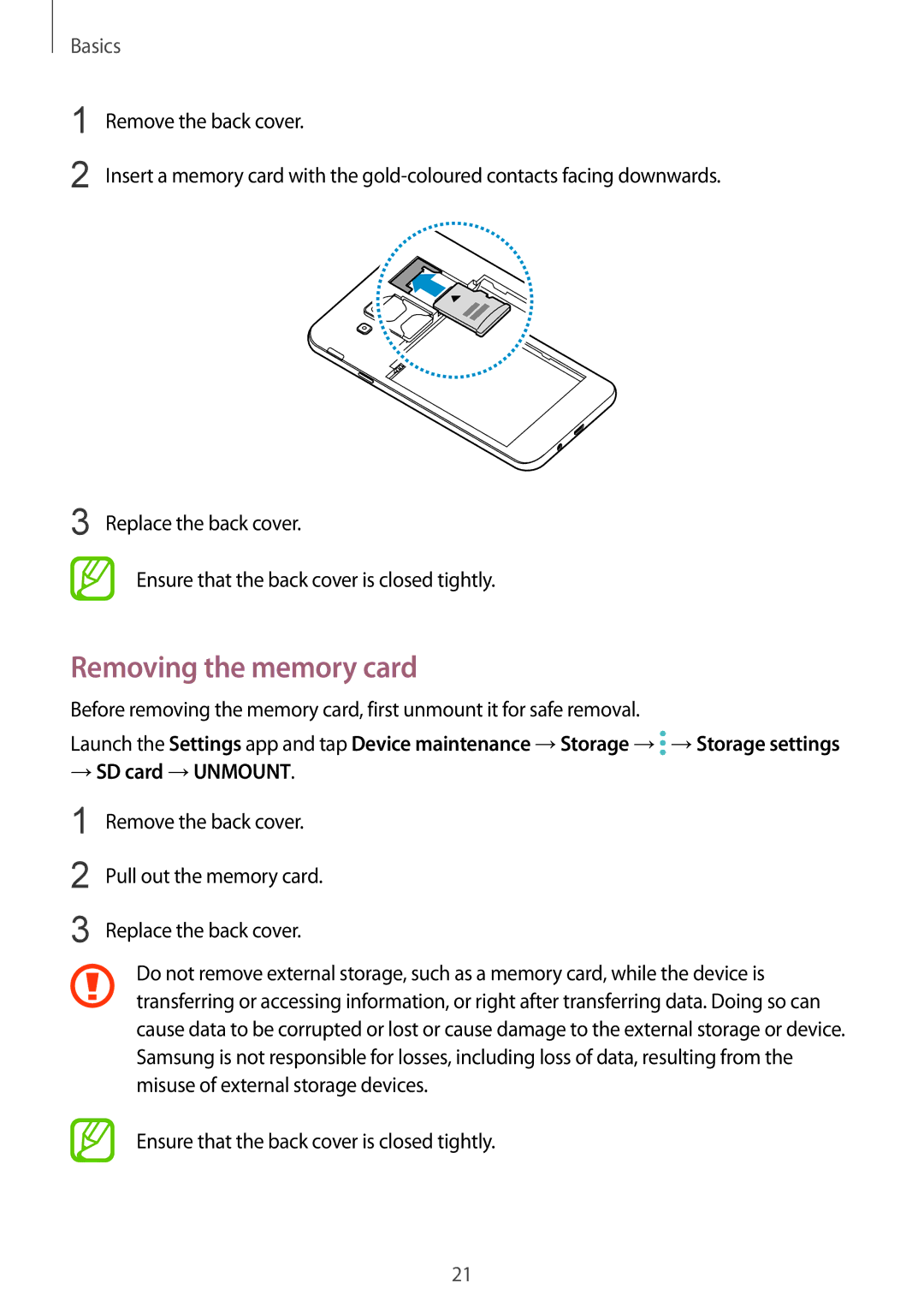 Samsung SM-J720FZKDKSA, SM-J720FZDDKSA, SM-J720FZVDKSA manual Removing the memory card, → SD card →UNMOUNT 