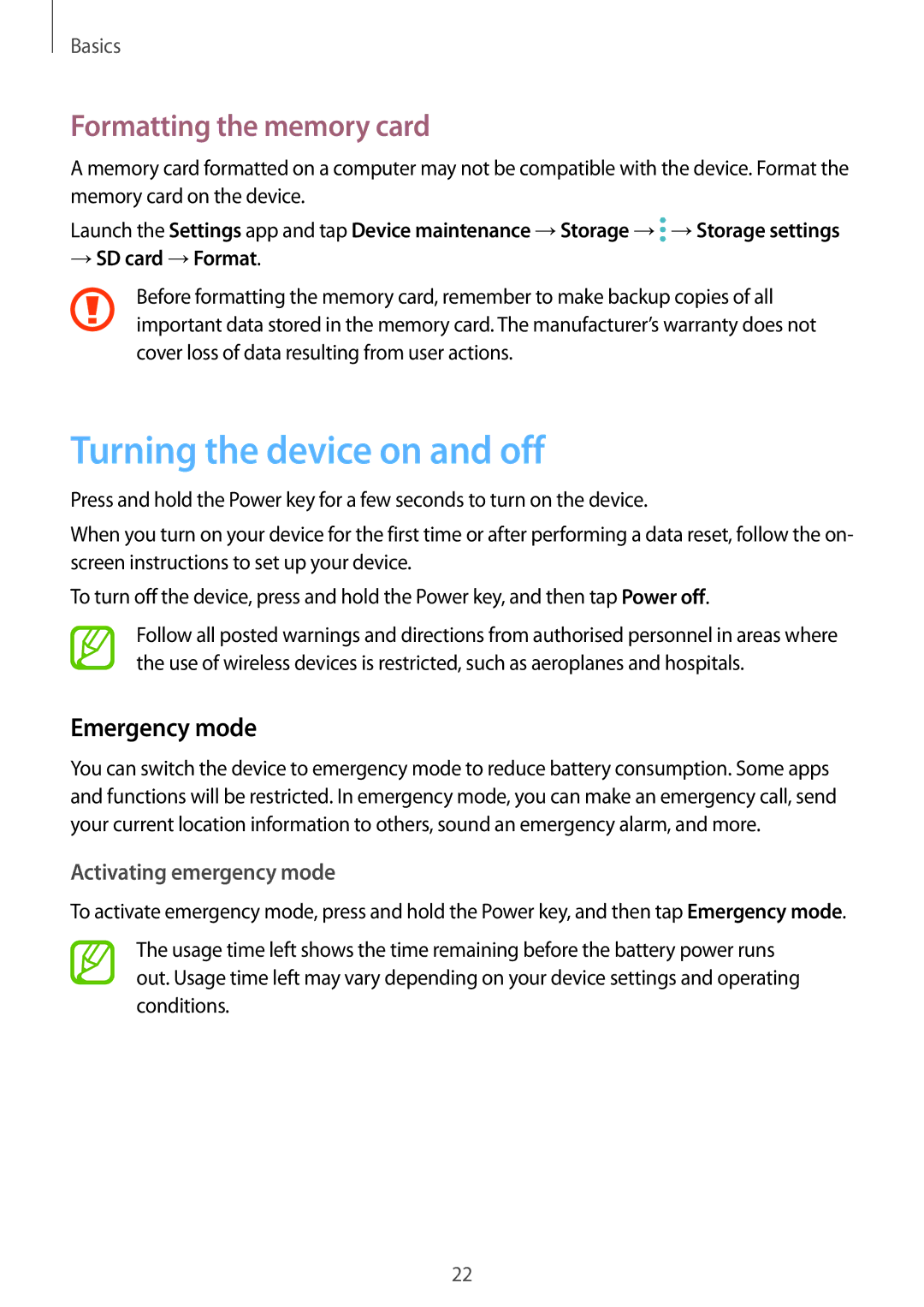 Samsung SM-J720FZDDKSA manual Turning the device on and off, Formatting the memory card, Emergency mode, → SD card →Format 