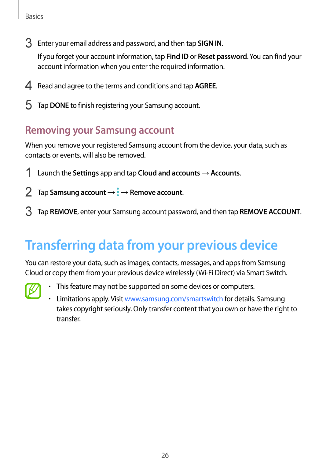 Samsung SM-J720FZVDKSA, SM-J720FZKDKSA Transferring data from your previous device, Tap Samsung account → →Remove account 