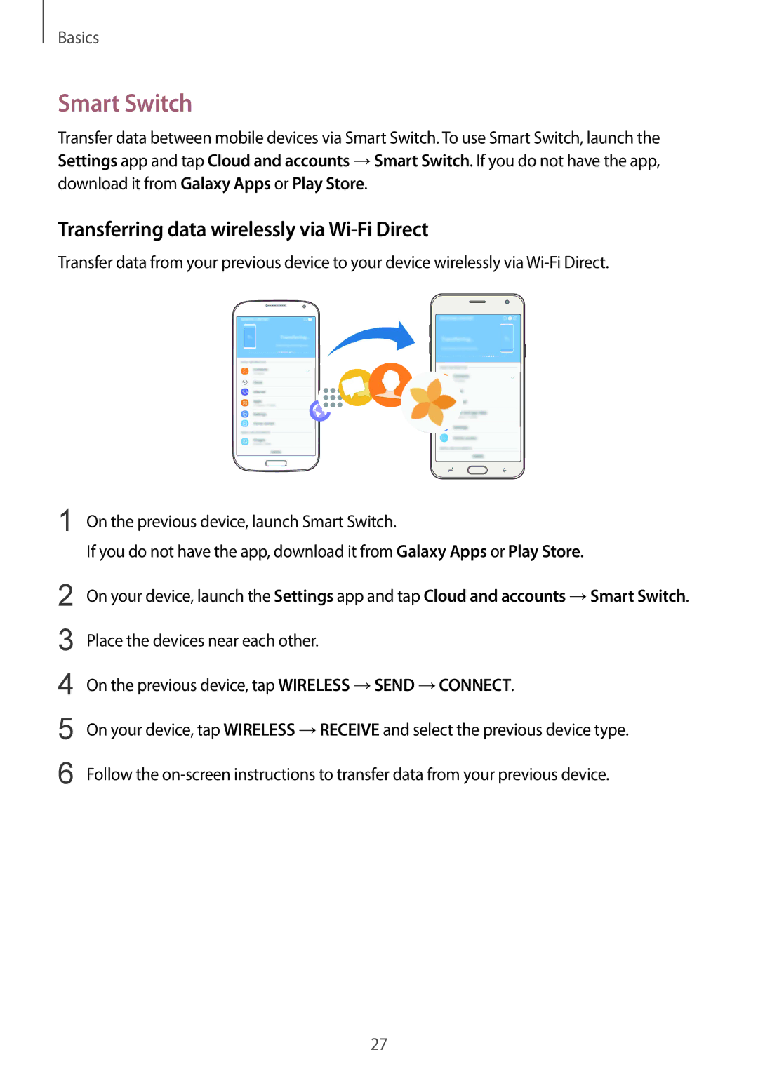 Samsung SM-J720FZKDKSA, SM-J720FZDDKSA, SM-J720FZVDKSA manual Smart Switch, Transferring data wirelessly via Wi-Fi Direct 