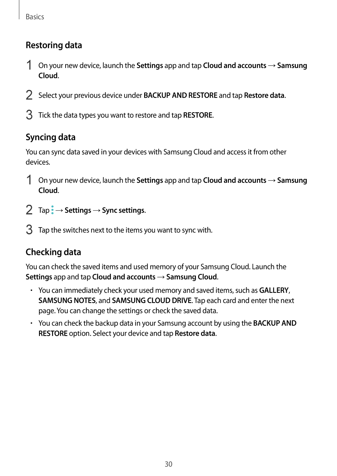 Samsung SM-J720FZKDKSA, SM-J720FZDDKSA Restoring data, Syncing data, Checking data, Cloud, Tap →Settings →Sync settings 