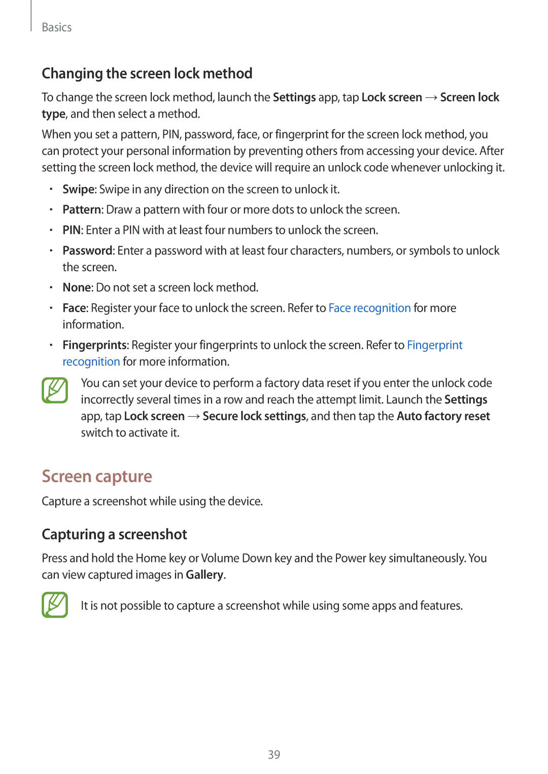 Samsung SM-J720FZKDKSA, SM-J720FZDDKSA manual Screen capture, Changing the screen lock method, Capturing a screenshot 