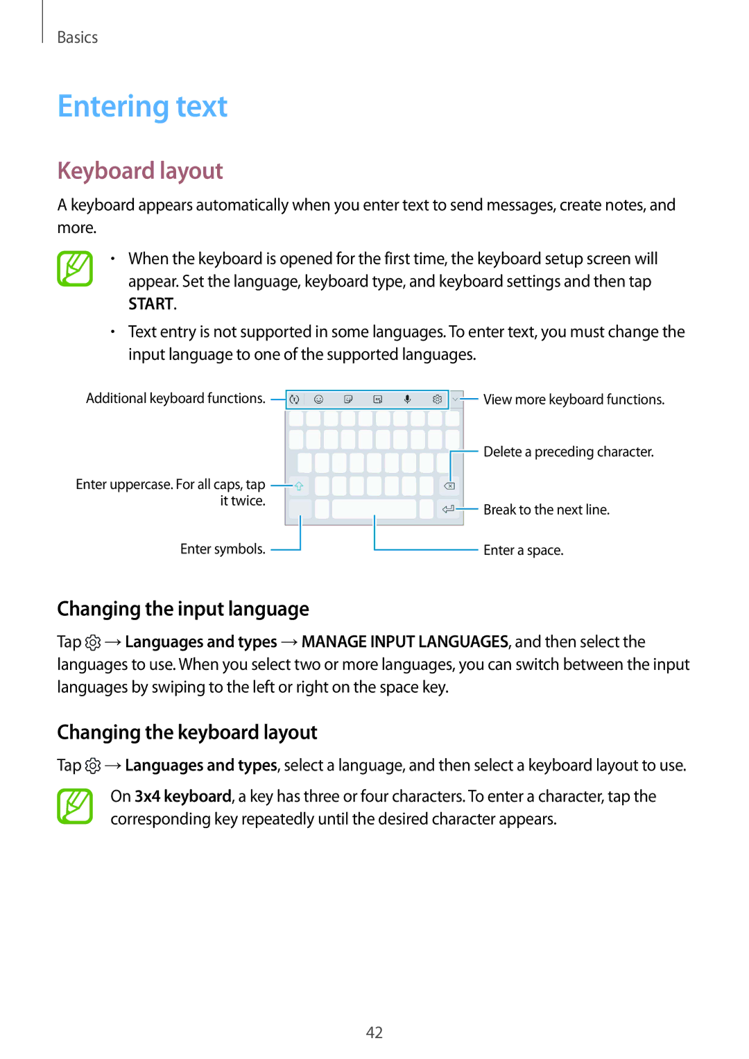 Samsung SM-J720FZKDKSA manual Entering text, Keyboard layout, Changing the input language, Changing the keyboard layout 