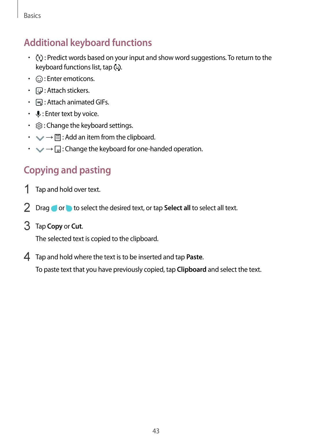 Samsung SM-J720FZDDKSA, SM-J720FZKDKSA, SM-J720FZVDKSA manual Additional keyboard functions, Copying and pasting 