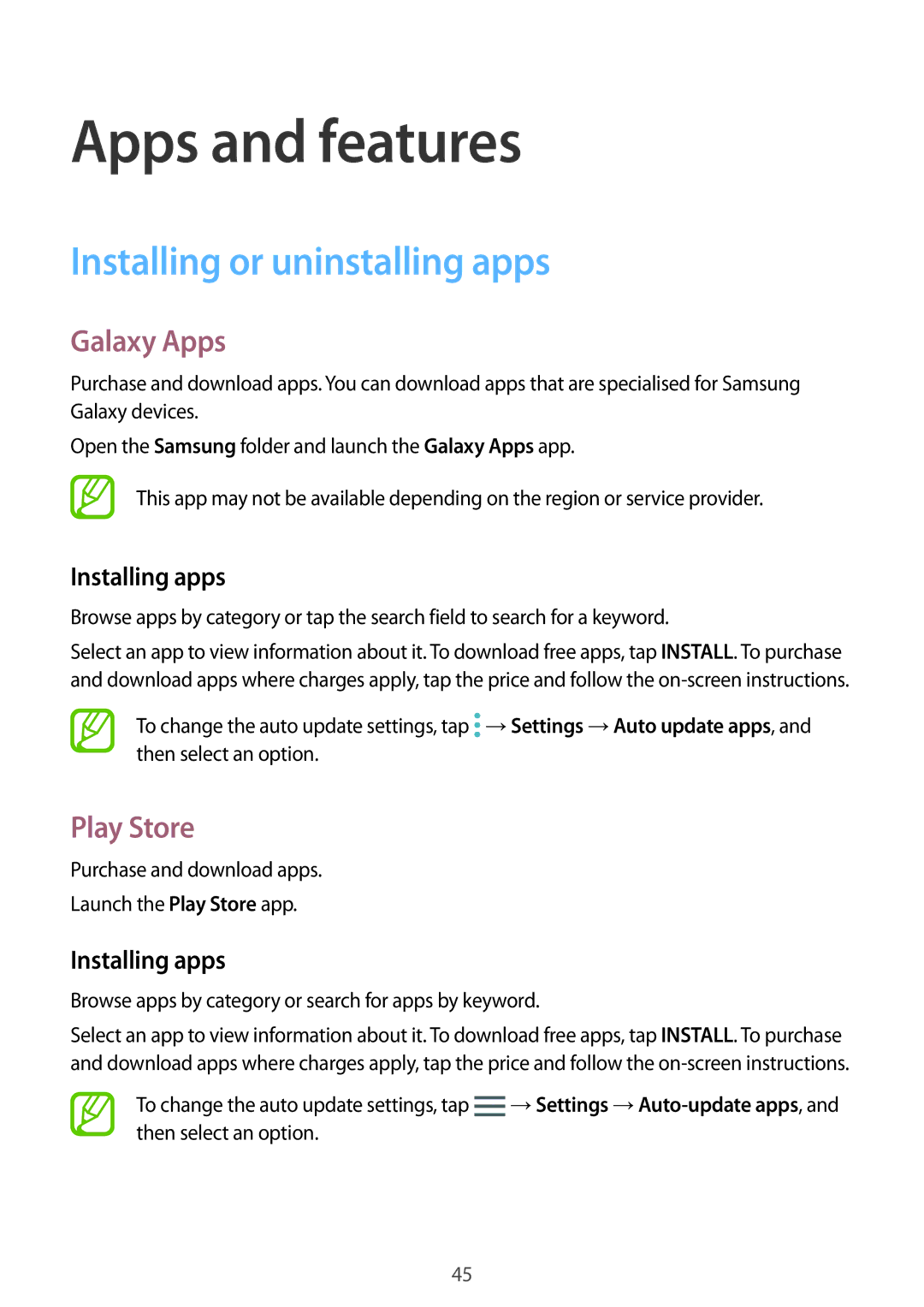 Samsung SM-J720FZKDKSA, SM-J720FZDDKSA manual Installing or uninstalling apps, Galaxy Apps, Play Store, Installing apps 