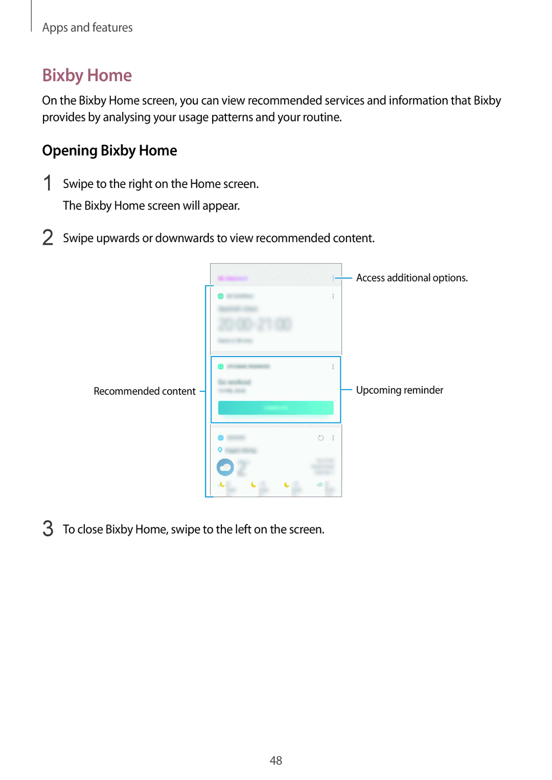 Samsung SM-J720FZKDKSA, SM-J720FZDDKSA, SM-J720FZVDKSA manual Opening Bixby Home, Bixby Home screen will appear 