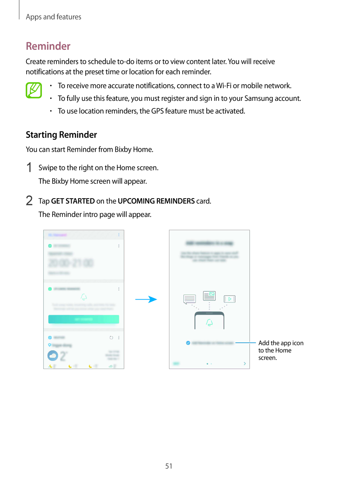 Samsung SM-J720FZKDKSA, SM-J720FZDDKSA manual Starting Reminder, Tap GET Started on the Upcoming Reminders card 