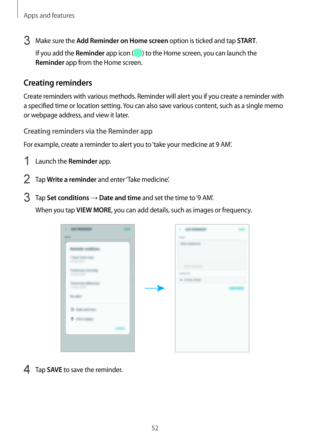 Samsung SM-J720FZDDKSA, SM-J720FZKDKSA, SM-J720FZVDKSA manual Creating reminders via the Reminder app 