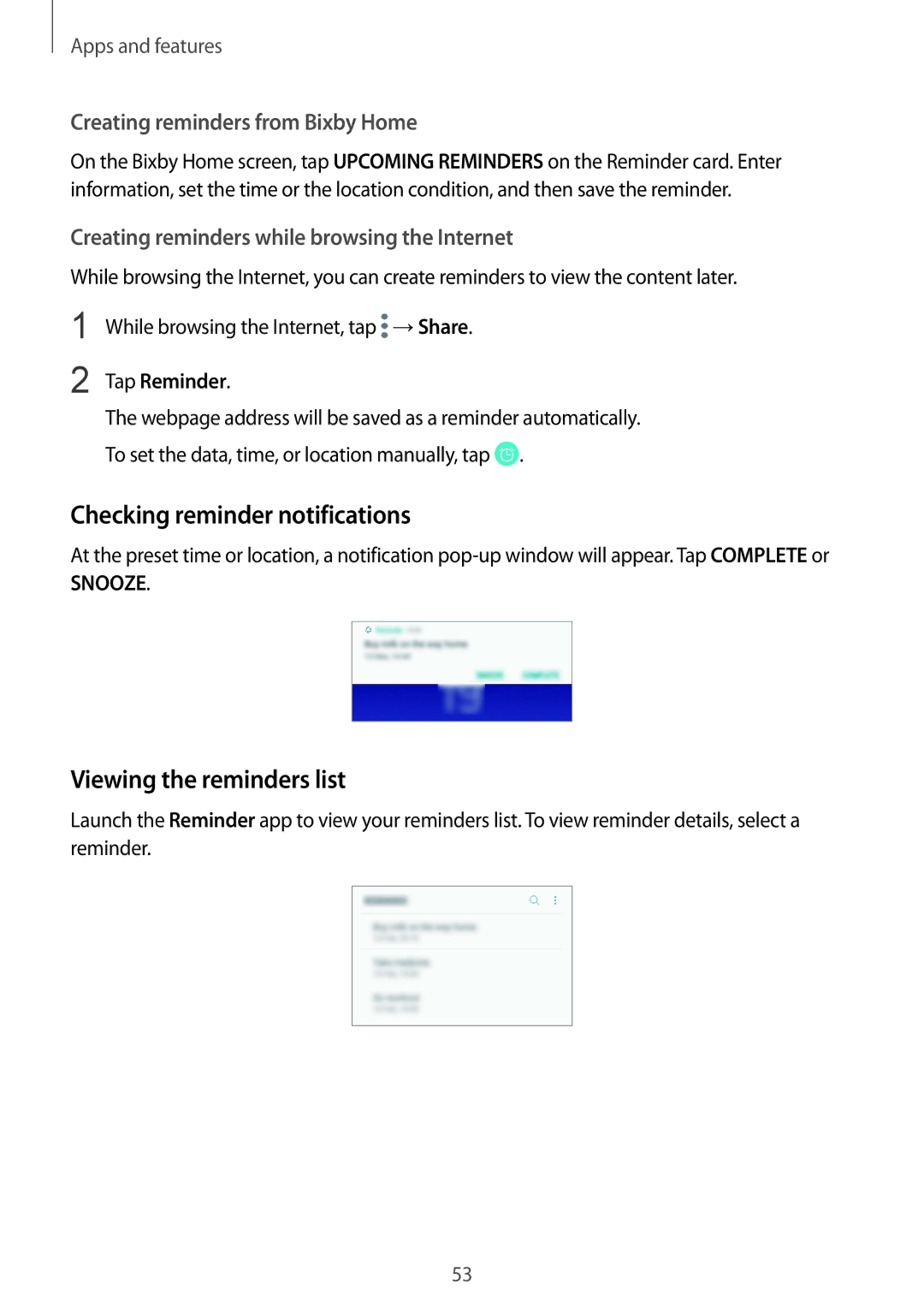 Samsung SM-J720FZVDKSA Checking reminder notifications, Viewing the reminders list, Creating reminders from Bixby Home 