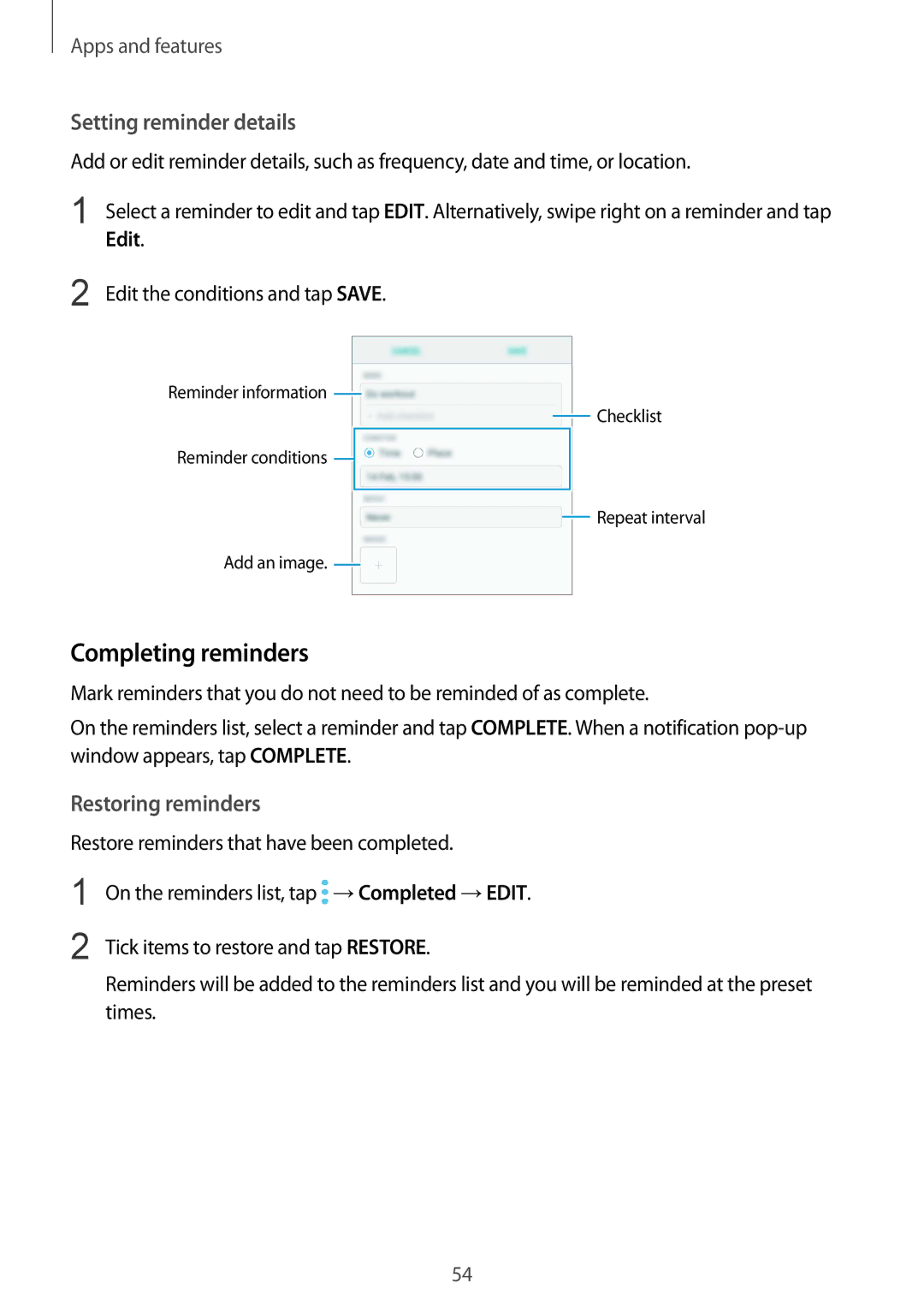 Samsung SM-J720FZKDKSA, SM-J720FZDDKSA manual Completing reminders, Setting reminder details, Restoring reminders, Edit 