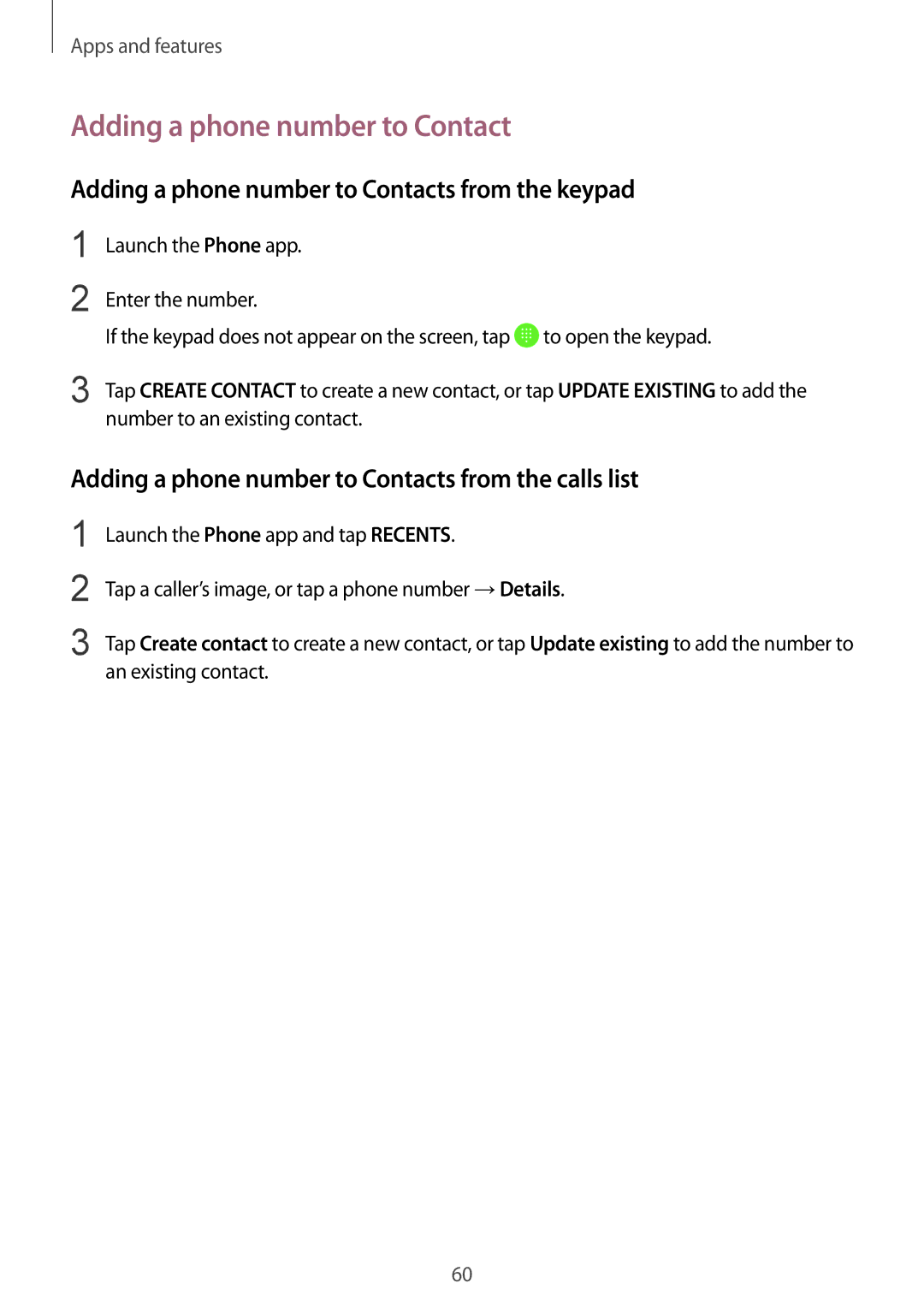 Samsung SM-J720FZKDKSA, SM-J720FZDDKSA, SM-J720FZVDKSA manual Adding a phone number to Contacts from the keypad 