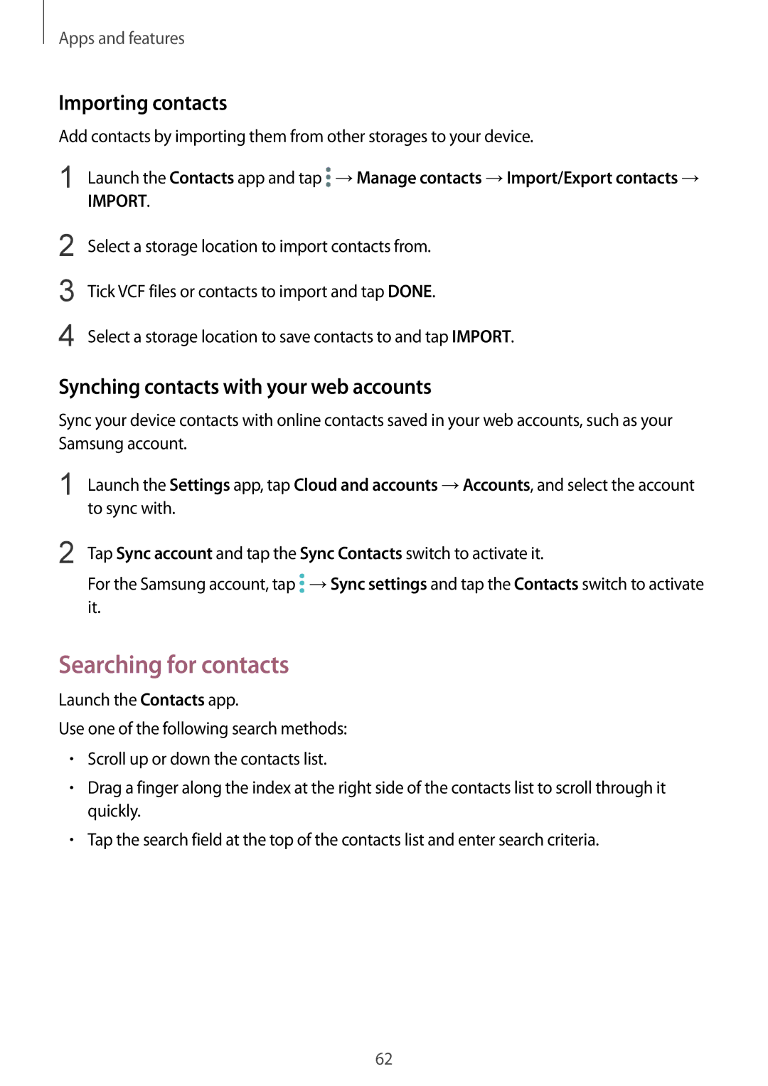 Samsung SM-J720FZVDKSA manual Searching for contacts, Importing contacts, Synching contacts with your web accounts 