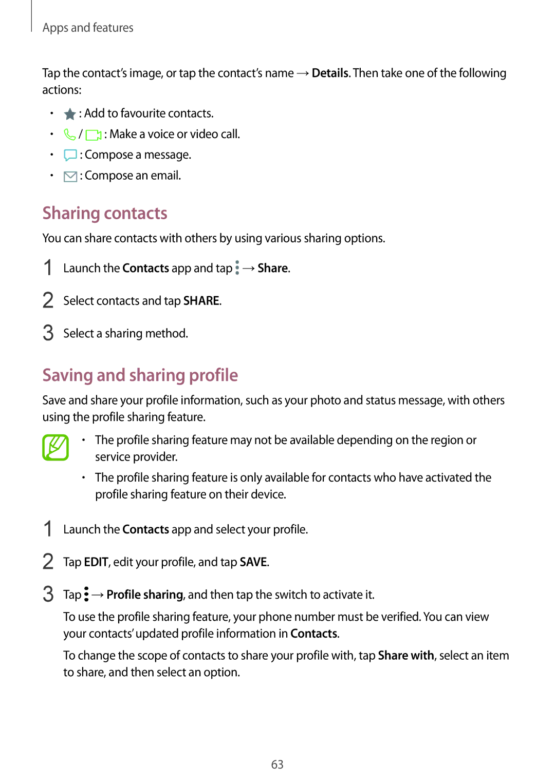 Samsung SM-J720FZKDKSA, SM-J720FZDDKSA, SM-J720FZVDKSA manual Sharing contacts, Saving and sharing profile 