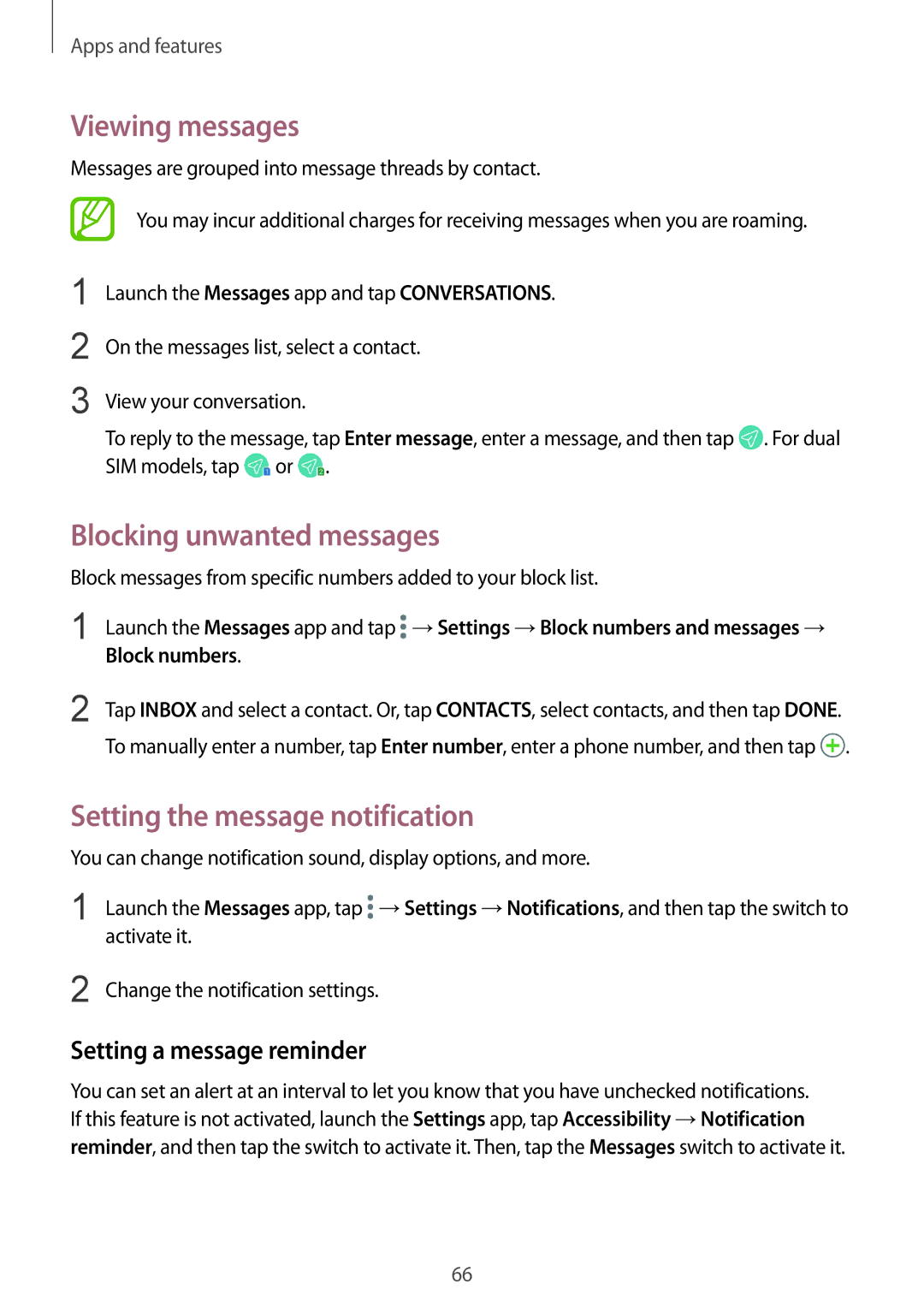 Samsung SM-J720FZKDKSA manual Viewing messages, Blocking unwanted messages, Setting the message notification, Block numbers 