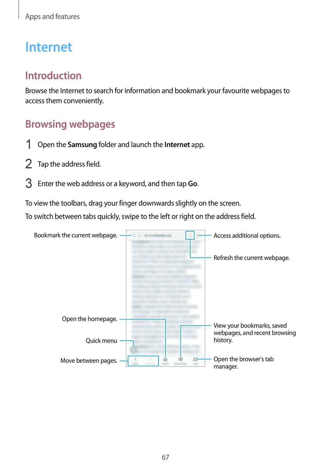 Samsung SM-J720FZDDKSA, SM-J720FZKDKSA, SM-J720FZVDKSA manual Internet, Browsing webpages 