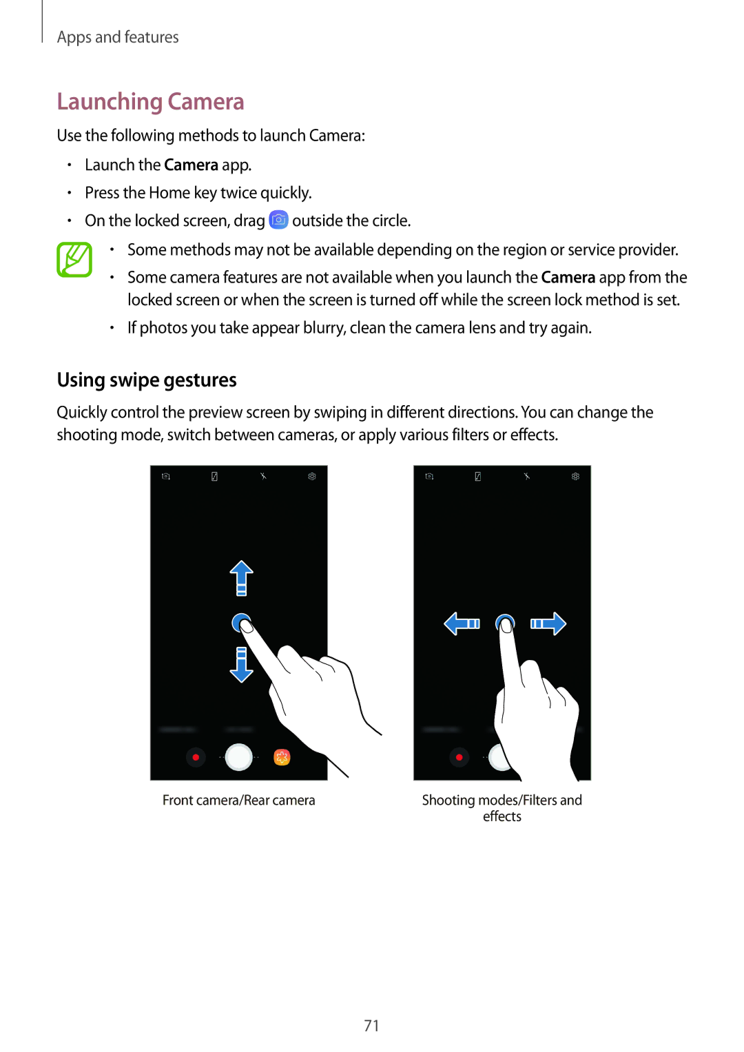 Samsung SM-J720FZVDKSA, SM-J720FZKDKSA, SM-J720FZDDKSA manual Launching Camera, Using swipe gestures 