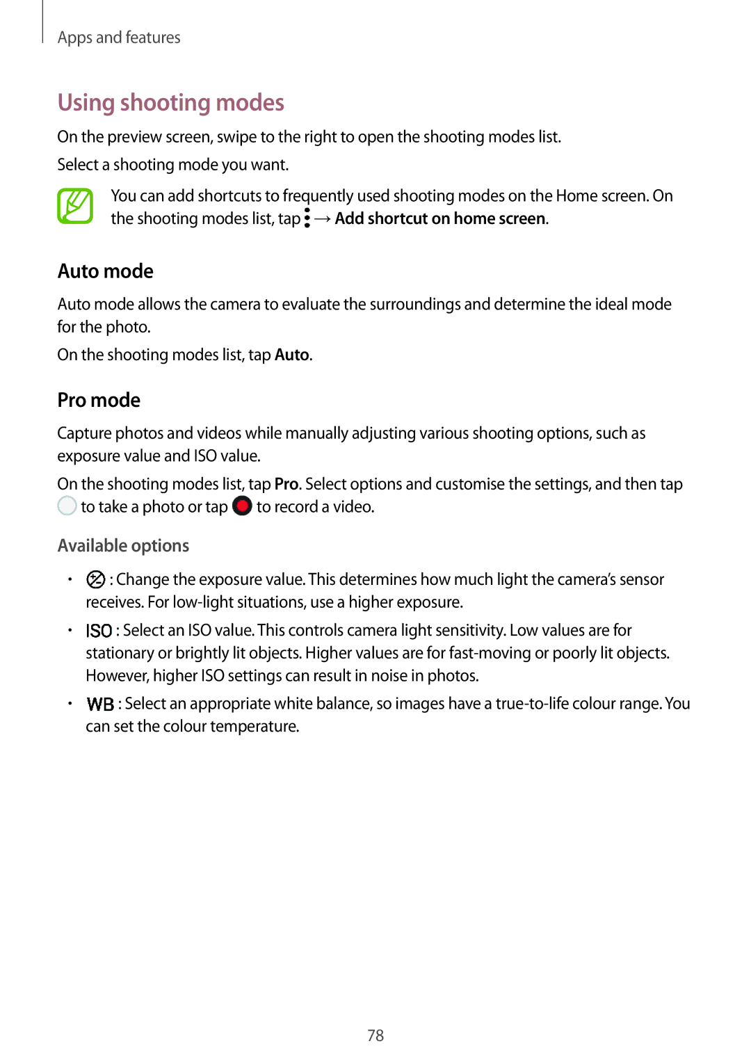 Samsung SM-J720FZKDKSA, SM-J720FZDDKSA, SM-J720FZVDKSA manual Using shooting modes, Auto mode, Pro mode, Available options 